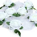 GWHOLE Wedding Decorations for Car, Just Married Car Decorations White Roses Artificial Flowers Bouquet Ribbon Set with 2 Tulle Ribbons for Wedding, Party