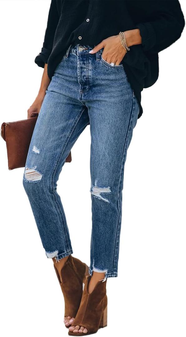 Lesore Womens High Waist Stretch Distressed Jeans Destroyed Denim Pants (Blue)