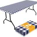 Smiry Picnic Table Cloth 2 Pack, Waterproof Elastic Fitted Tablecloths for 6FT Rectangle Tables, Washable Polyester Buffalo Plaid Tablecloth for Camping, Dining & Outdoor (Navy & White, 30" x 72")