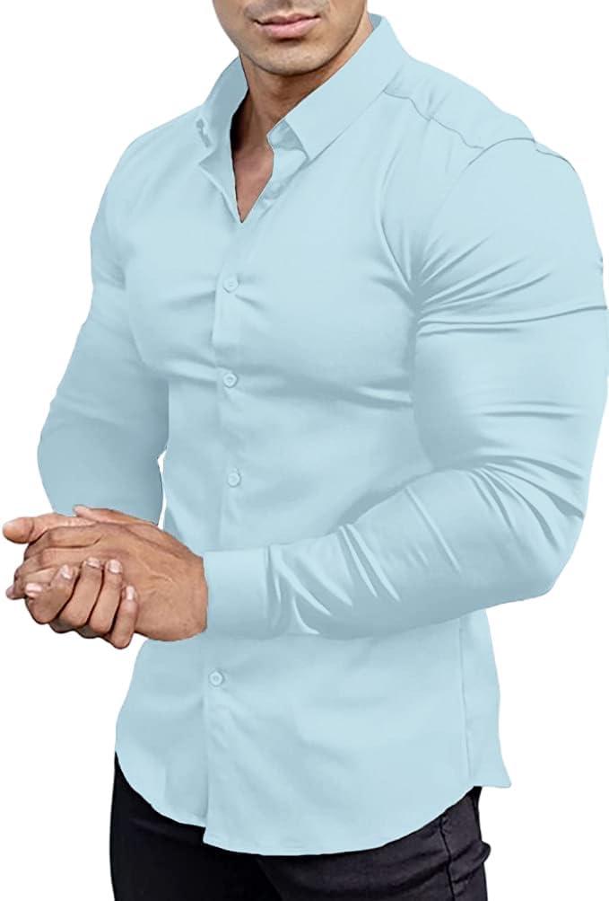 Men’s Muscle Fit Dress Shirts Athletic Slim Fit Long Sleeve Stretch Casual Button Down Shirt (XL)