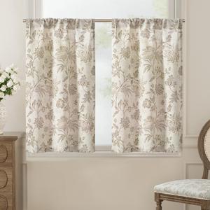 jinchan Floral Linen Tier Curtains 36 Inch Farmhouse Cafe Curtains Rod Pocket Country Flower Drapes for Small Windows for Kitchen Laundry Room Bathroom RV 2 Panels Light Filtering Taupe on Beige