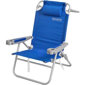 SUNNYFEEL Backpack Beach Chairs for Adults, Mid-Height 5-Position Reclining | 180 Lay Flat Oversized Folding Portable Beach Chair with Cup Holder Towel Bar Heavy Duty for Beach/Lawn/Outdoor/Camping