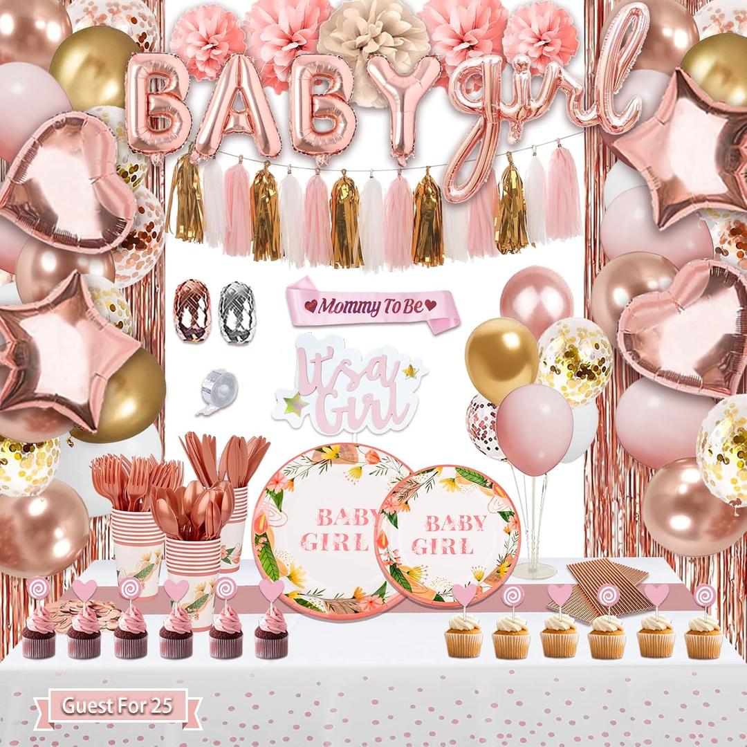 303 Pcs Baby Shower Decorations For Girl, Girl Baby Shower Decorations Kits - Disposable Dinnerware Set With Pink Rose Gold Floral (25 Guest), "BABY girl" Banner, Balloon, Sash, Cake Topper