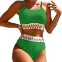 Women's High Waisted Swimsuit Two Piece Ribbed Bikini Sets Crop Top High Cut Cheeky Bathing Suits Small