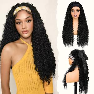 Curly Headband Wig 26 Inch Long Curly Synthetic Headband Wigs for Women Glueless None Lace Front Deep Wave Wigs Wear and Go Wet and Wavy Headband Half Wigs for Daily Party Use