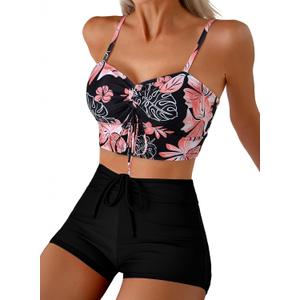Herseas Modest Swimsuits for Women Tummy Control High Waisted Bikini Full Coverage Set Swim Shorts Sporty 2 Piece Bathing Suit Fashion Beachwear Black XX-Large
