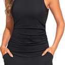 Tankini Swimsuits with Shorts - Two Piece Tummy Control Bathing Suits High Neck Swimwear with Two Side Pockets (Medium, Black)