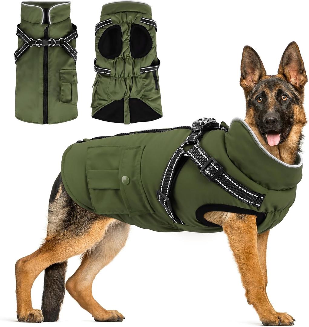 Winter Coat With Harness | Jacket Waterproof With Zipper and Fleece | Warm Dog Coat With Reflective for Large Dogs (Army Green), XL