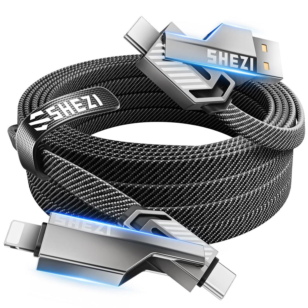 [Upgraded 2.0] SHEZI 4-in-1 Long USB C Cable 60W 10FT Lightning Cable MFI Certified [Fast Charging&Data Sync] Flat Braided Multi Charger Cord Wire Combo with L/USB C/A Port for iPhone/iPad&All Devices (Grey)