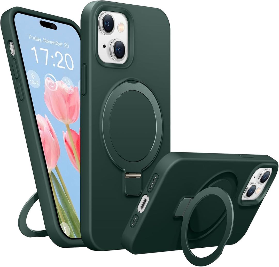 Soft Liquid Silicone Case for iPhone 13/14 with Magnetic Invisible Stand, Military Grade Shockproof Protection, Anti-Scratch Microfiber Lining Covers for iPhone 14/13, Pine Green