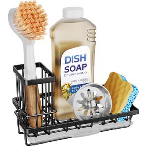 SWTYMIKI Sink Caddy Sponge Holder - Kitchen Sink Organizer with High Brush Holder for Countertop to Hold Dish Soaps and Sponges, Stainless Steel, Black (Medium)