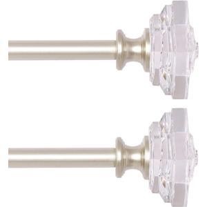 2 Pack Curtain Drapery RodAcrylic Square Finials Curtain Rod 3/4" Diameter Single Decorative Curtain Rod, Adjustable Length from 28 to 48 Inches Nickel