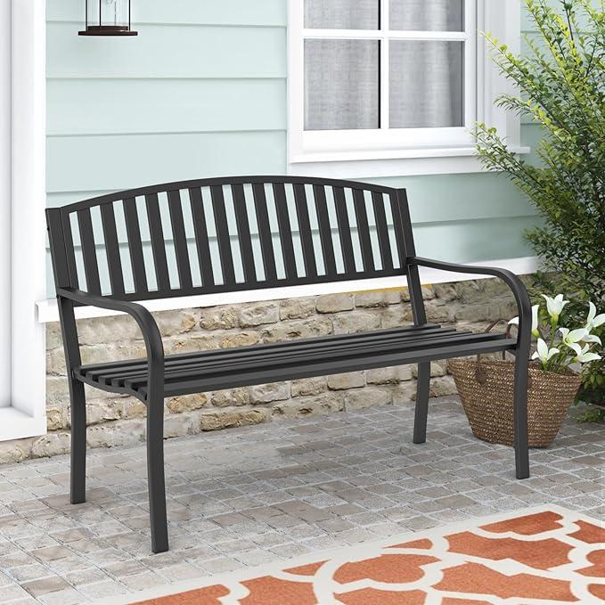Outdoor Bench Garden Bench, Weatherproof Anti-Rust Heavy-Duty Outside Benches Clearance, Wrought Iron Metal Bench for Front Porch, Patio, Park, Black