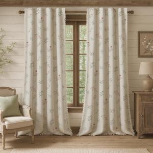 Farmhouse Floral Curtains 96 Inches Long 100% Blackout Living Room Drapes, Linen Blend Bohemian Window Curtain Panels with Tassel Bedroom 2 Panels Thermal Insulated Room Darkening