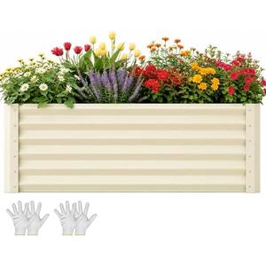 YITAHOME 6x3x3ft Galvanized Raised Garden Bed, Metal Planter Box with Safety Rubber, Gloves, Outdoor Flower Bed for Planting Plants Vegetables, Cream Yellow