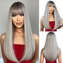 ENTRANCED STYLES Ombre Gray Wig with Bangs Long Straight Mixed Gray Wigs for Women Cosplay Wigs for Girl Natural Hairline Heat Resistant Synthetic Wig for Cosplay Halloween Party Daily
