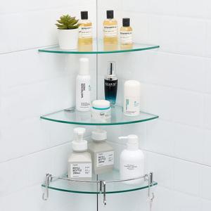 HouseMila Glass Shower Shelves - 3 Tier Corner Shelf with 3 Hangers, Drill Hole Glass Shelves for Bathroom Organizer