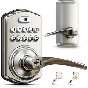 Veise Keypad Door Lock with Handle, Keyless Entry for Front Door & Bedroom, Electronic Lock with Code, Auto-Locking, Easy Installation, Passage Mode, Satin Nickel