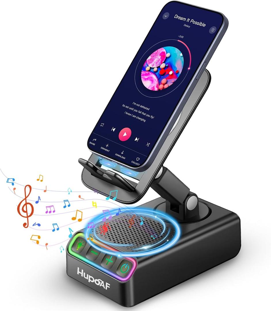 Adjustable Cell Phone Stand with Wireless Induction Bluetooth Speaker, HD Surround Sound & RGB Rhythm Lights, Foldable Portable Stand for Desk, Kitchen Counter, Home Office, Gift for Men Women Dad Mom