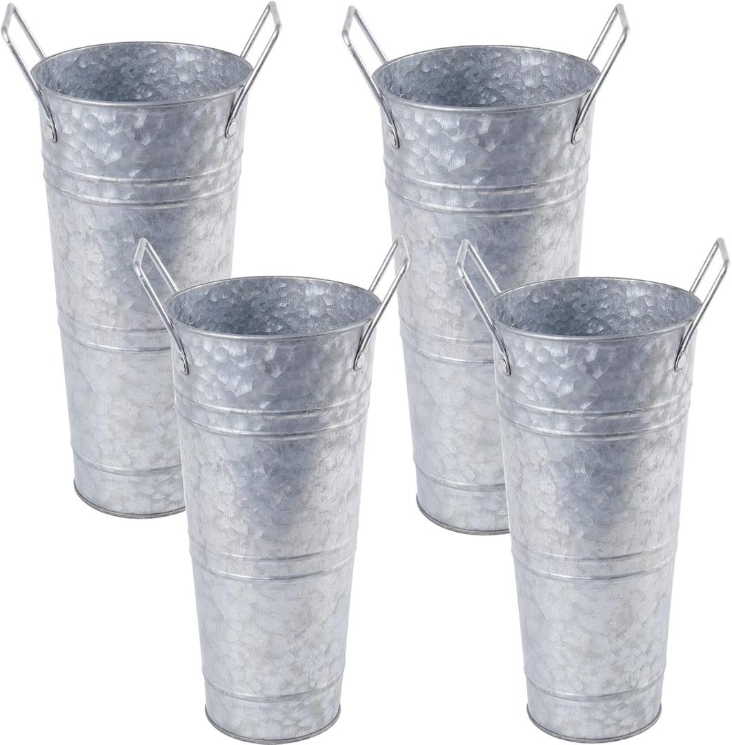 ZOOFOX Set of 4 Galvanized Metal Vases, 9" Farmhouse French Bucket with Handles, Rustic Style Metal Flower Holder for Home and Wedding Table Centerpiece Decor, with Plastic Liner/Insert Included