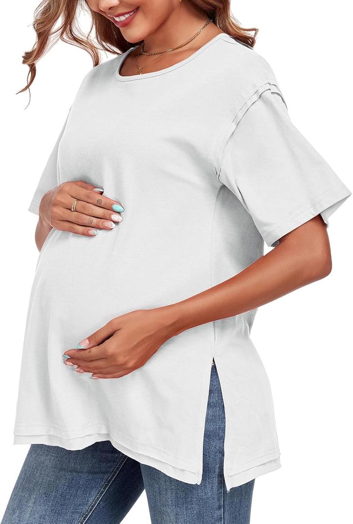 Women's Maternity Shirts Short Sleeve Split Side Pregnancy Tops Summer Casual Loose Tunic Tees