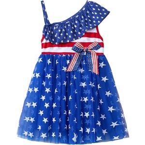 Niyage Toddler Dress Girls Baby Star Stripes American Flag Ruffles One Shoulder Sleeveless Tulle Tutus Boho Sundress (4T, Red)
