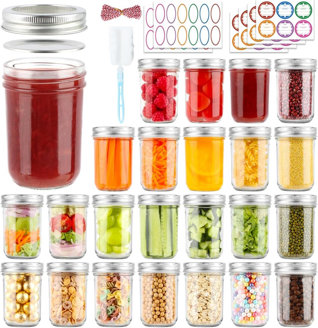 Mason Jars 8 oz with Lids and Bands, 24 Pack Regular Mouth Half Pint Canning Jars, Small Mason Jars for Jam Jelly Honey DIY Projects, 48 Labels, Brush & String Included