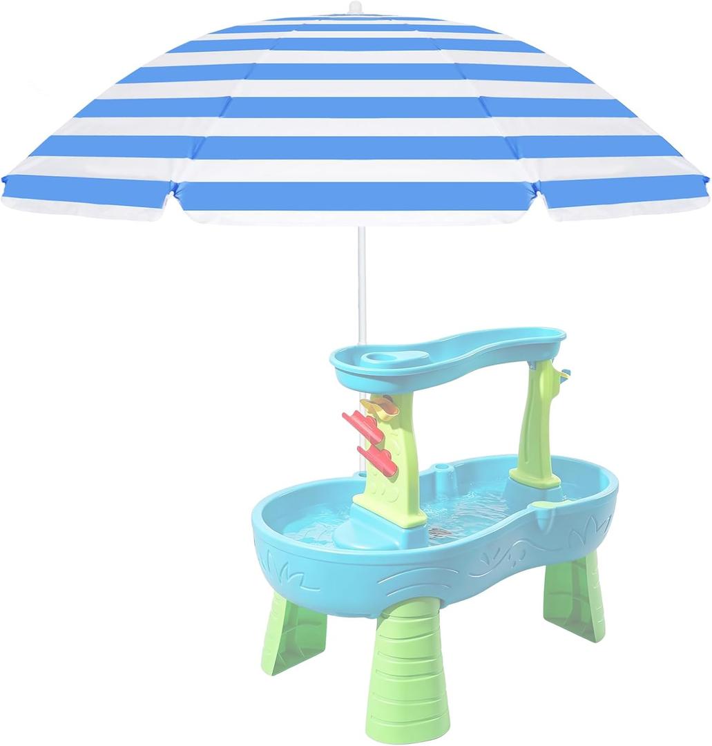 Water Table Umbrella Beach Umbrella & Picnic Table Shade for Kids, Blue White Striped Sandbox Parasol, Adjustable Tilt Outdoor Sun Shade for Picnic Tables, Sandbox, Water Play Tables, Patio, 71" H x 46" W
