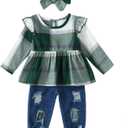 Mioglrie Toddler Baby Girl Clothes 2T 3T 4T 12 18 24 Months Toddler Fall Winter Girls Outfit Jeans Pants Clothing Set (Green Plaid, 2-3T)