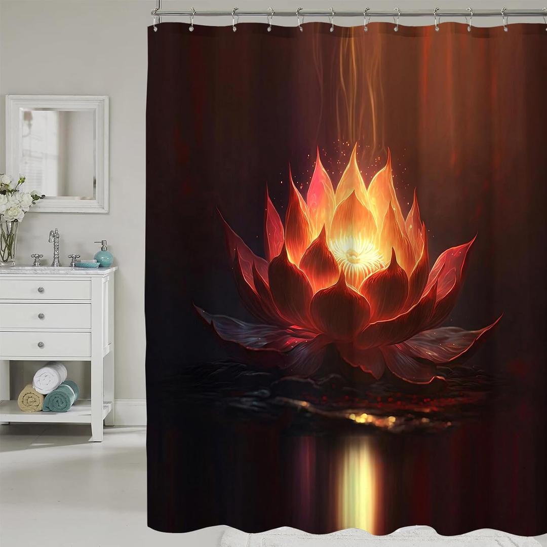 Black Gold Shower Curtain for Bathroom, Yellow Golden Lotus Flower Floral Fabric Bath Decoration Set with Hooks 72x72 Inch