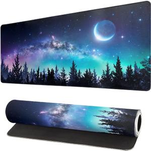 Extended Gaming Mouse Pad, XL Large Keyboard Mouse Mat Desk Pad, Stitched Edges Mousepad, 3mm Thick Long Non-Slip Rubber Base Mice Pad, 31.5 X 11.8 Inch, Forest Moon Galaxy