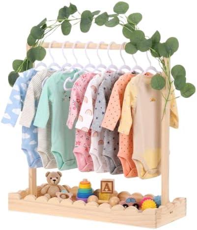 Rainmae Wooden Baby Clothing Rack for Toddler, Baby Shower Crate Closet, Baby Shower Basket with Hanger Rack, Hangers, Ivy Garland Decor, Newborn Gifts Basket for Pets Boys Girls Welcome Present