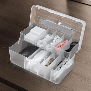 NatureTouch Cable Organizer Storage Box with HandleDouble Layers Desktop Cable Management Box with LidPower Cord Organizer with 11 Compartments for Office,Home,Desk-Transparents (Tran)