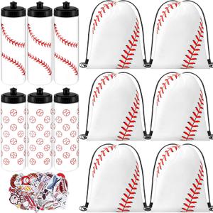12 x 12 Pcs Baseball Party Favors Team Gifts Set 6 Baseball Water Bottle 6 Baseballs Drawstring Bag and 50 Sticker 20 Oz Reusable Squeeze Bottle Bulk Goodie Bag for Party Supplies Gift Sport Event Bike