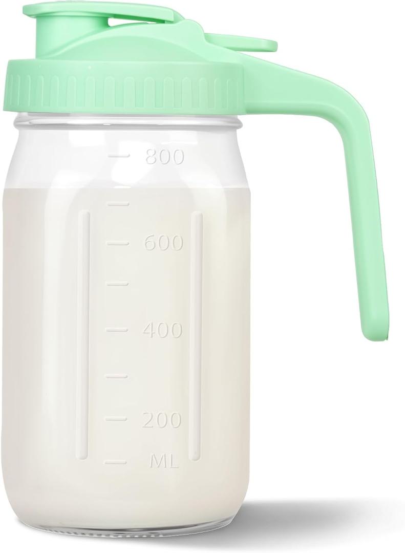 Mason Jar Pitcher, 32 oz Glass Milk Pitcher, Wide Mouth & Leakproof Glass Pitcher with Lid for milk, Sun Tea, Juice, Cold Brew Coffee and Drinks (Green)