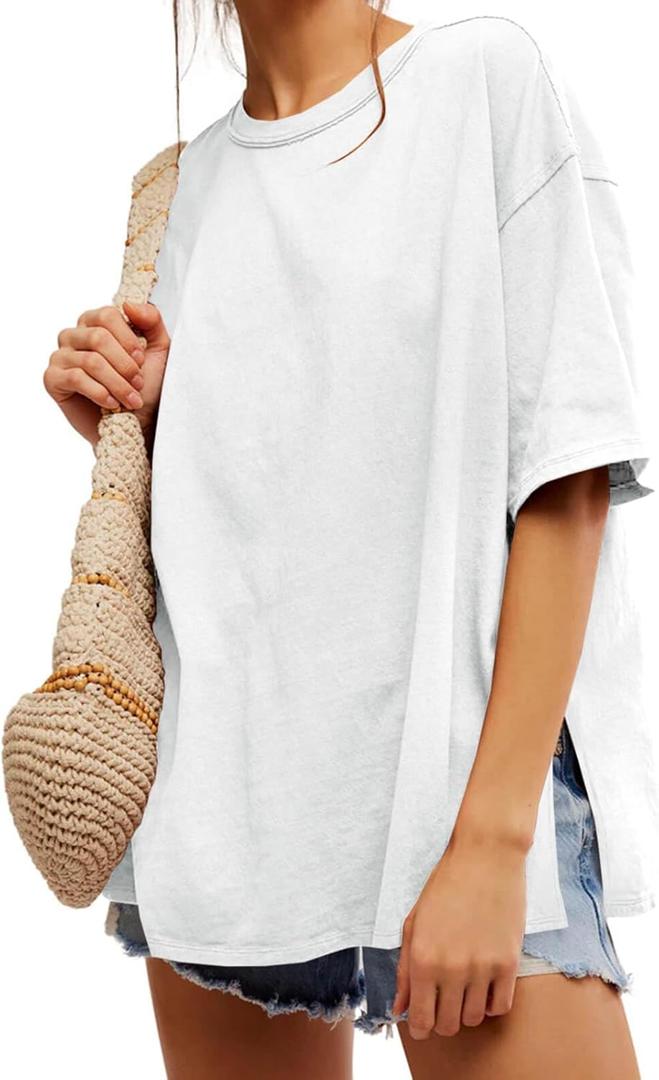 Tankaneo Womens Oversized Tshirts Summer Casual Short Sleeve Crew Neck T Shirt Loose Fit Side Slit Tee Tops (Large)