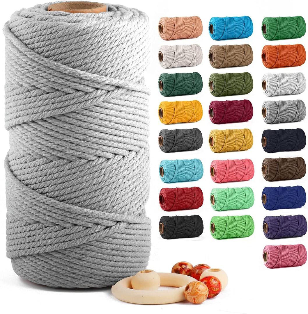 Macrame Cotton Cord 5mm x 109 Yards, ZUEXT 100% Natural Handmade Colorful 4 Strands Twisted Braided Cotton Rope for Wall Hanging Plant Hangers Gift Wrapping Tapestry DIY Crafts(100m, Light Grey)