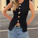 Milumia Women's Metal Decor Button Down Sweater Vest Sleeveless Knitted Tank Tops Waistcoat (L)