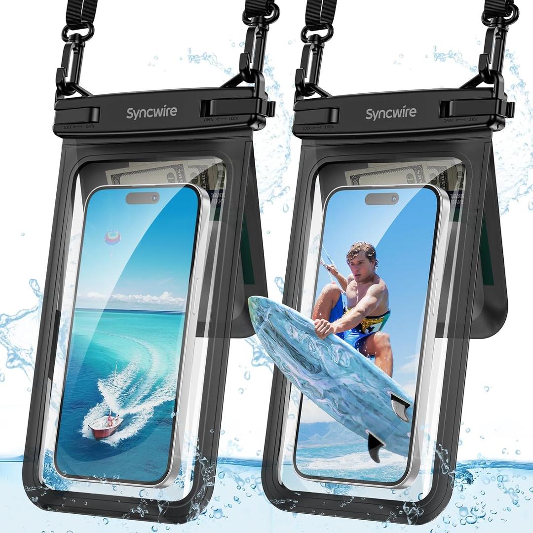 SYNCWIRE Waterproof Phone Case, 2-Pack IPX8 Double Space Waterproof Phone Pouch for iPhone 15 14 13 12 Pro Max XR X SE 2022 8 Samsung S24 S23 S22 Ultra S21 Phones Under 8.5 Inch - Black