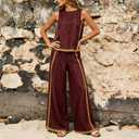 2 Piece Sets for Women Color Block Linen Lounge Sets Sleeveless Top Wide Leg Pants Matching Casual Travel Outfit (S)