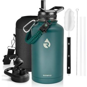 Insulated Water Bottle 64 oz, Triple Wall Vacuum Stainless Steel (Cold for 48 Hrs), Leak Proof & Non-BPA, Half Gallon Water Flask Jug with Paracord Handle & Straw Spout Lids, Dark Green
