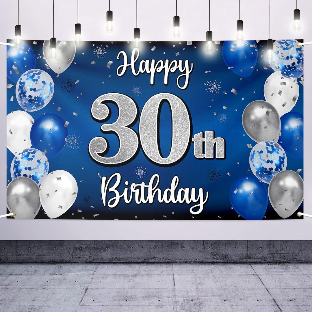 Happy 30th Birthday Decorations,30th Blue & Silver Balloon Large Birthday Banner Backdrop Sign - Cheers to Thirty Years Old Bday Party Supplies.