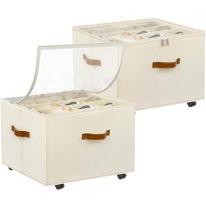 Shoe Organizer for Closet, 2 Pack Shoe Storage Organizer with Wheels and Adjustable Dividers, Stackable Shoe Storage Box with Clear Cover, Foldable Closet Shoe Organizer Fits up to 16-32 Pairs, Beige