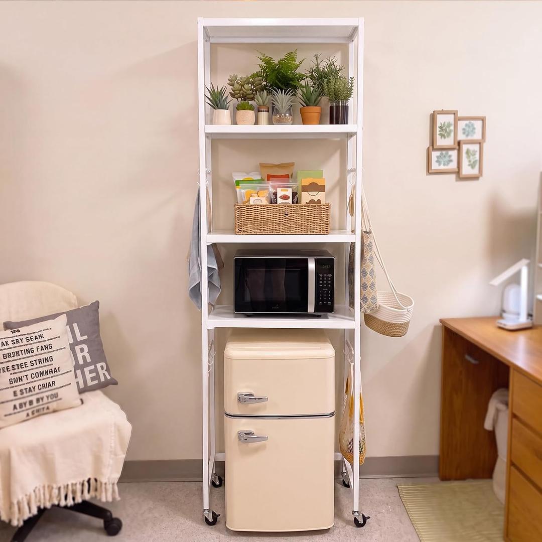 Vercraft 4 Tier Mini Fridge Shelf for Dorm with Wheels Hooks, White
Over Mini Fridge Storage Shelf, Microwave Stand, Wooden Shelves, Metal Frame, Movable, For Dorm, Apartment
