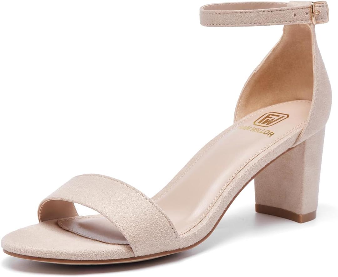 FW FRAN WILLOR Women Open Toe Low Chunky Short Heels Ankle Strap Block Heel Sandals Party Dress Wedding Pump Shoes, Size 8