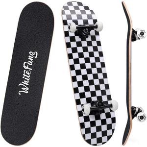 WhiteFang Skateboards for Beginners, Complete Skateboard 31 x 7.88, 7 Layer Canadian Maple Double Kick Concave Standard and Tricks Skateboards for Kids and Beginners (Check)