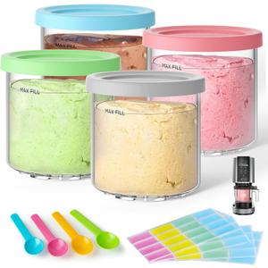 4 Pack Creami Pint Containers and Lids for Ninja, Compatible with Ninja NC299 NC300 NC301 Series Creami Maker Machine Accessories, BPA Free & Dishwasher Safe, Assorted Colors (Pink, Turquoise, Blue & Grey)