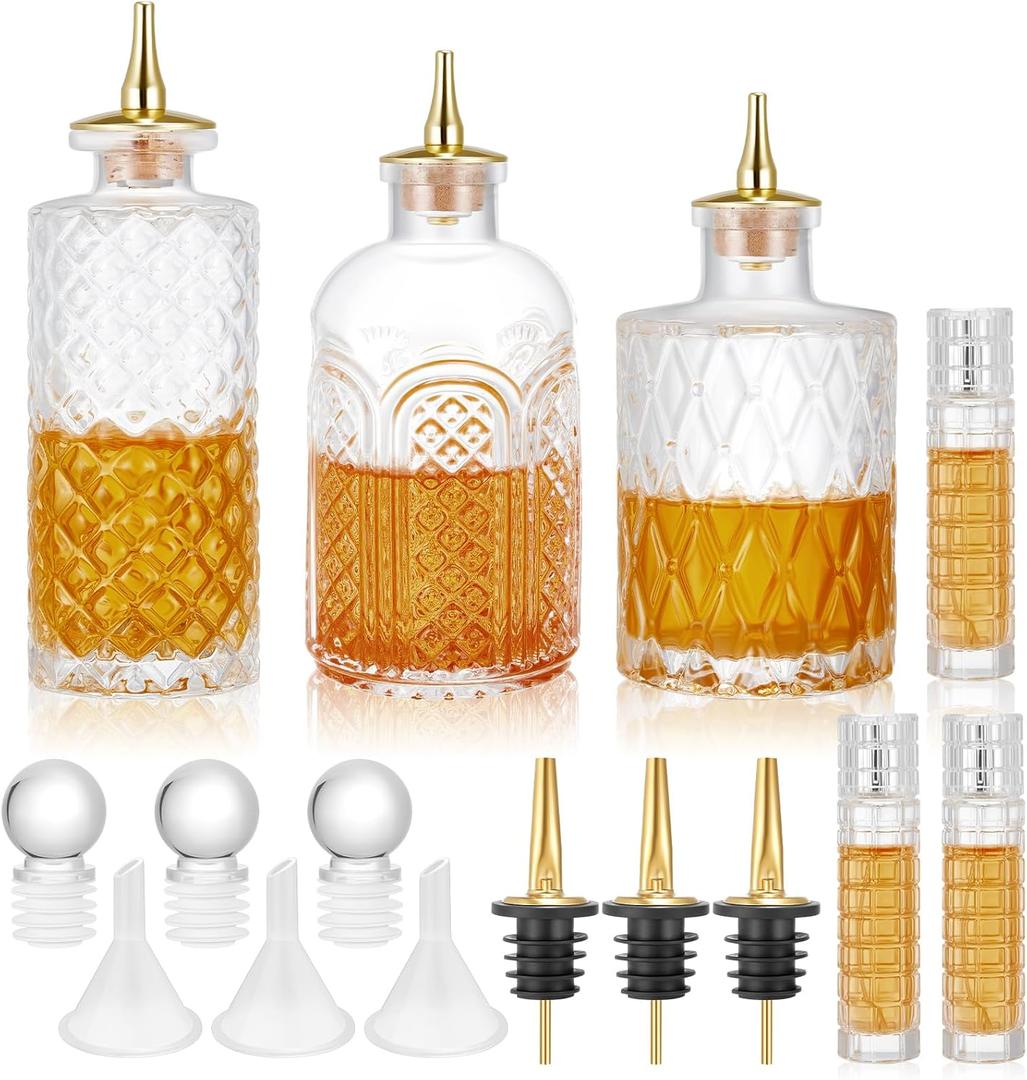 6 Pcs Bitters Bottle Set Include 3 Sizes Glass Bitter Bottles for Cocktails Dasher Coffee Syrup Dispenser 3 Glass 1oz Cocktail Atomizer for Home Bar Bartender