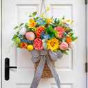 Pinkpuii Spring Summer Door Hanger Basket Wreaths for Front Door, Artificial Peony Hydrangea Flower Wreath with Blueberries & Realistic Peach & Lemon- Ideal for Home Porch Entryway Window Wall Decor