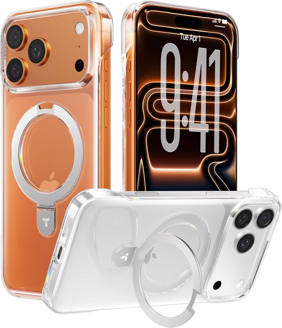 TORRAS Ostand Ultra Slim for iPhone 17 Pro Case Clear 6.3'', [Never Yellow] Magnetic Stand [Fit for MagSafe], Frameless with Thin Minimalist Case for iPhone 17 Pro, Hard PC Protection